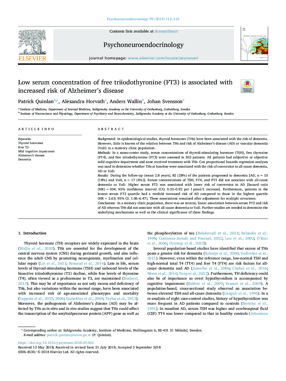 Low serum concentration of free triiodothyronine (FT3) is associated with increased risk of Alzheimer's disease