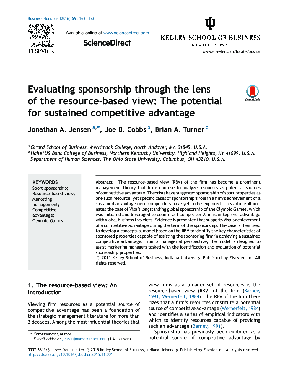 Evaluating sponsorship through the lens of the resource-based view: The potential for sustained competitive advantage