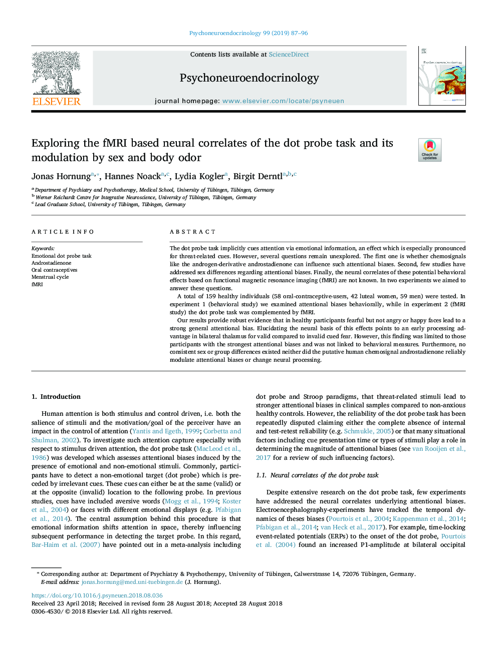 Exploring the fMRI based neural correlates of the dot probe task and its modulation by sex and body odor