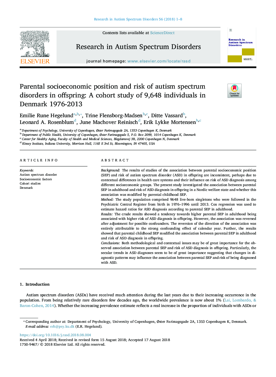 موقعیت اجتماعی اجتماعی والدین و خطر اختلالات طیف اوتیسم در فرزندان: مطالعه کوهورت از 9،648 نفر در دانمارک سال 1976-2013