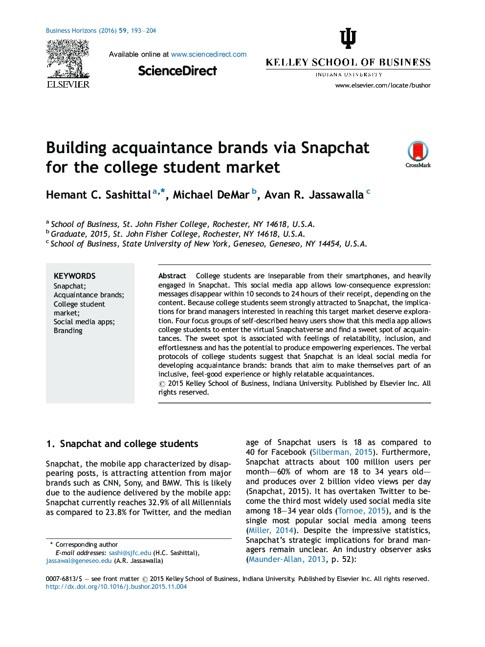 Building acquaintance brands via Snapchat for the college student market