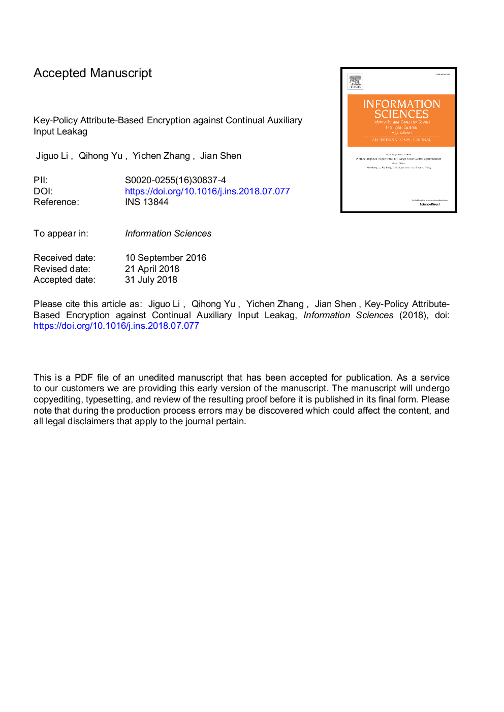 Key-policy attribute-based encryption against continual auxiliary input leakage