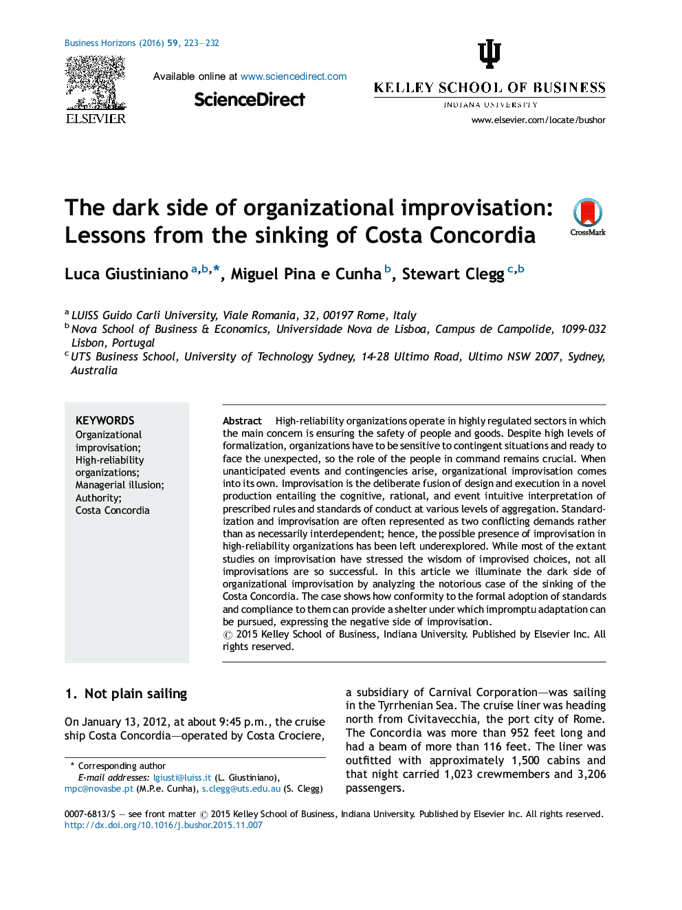 The dark side of organizational improvisation: Lessons from the sinking of Costa Concordia