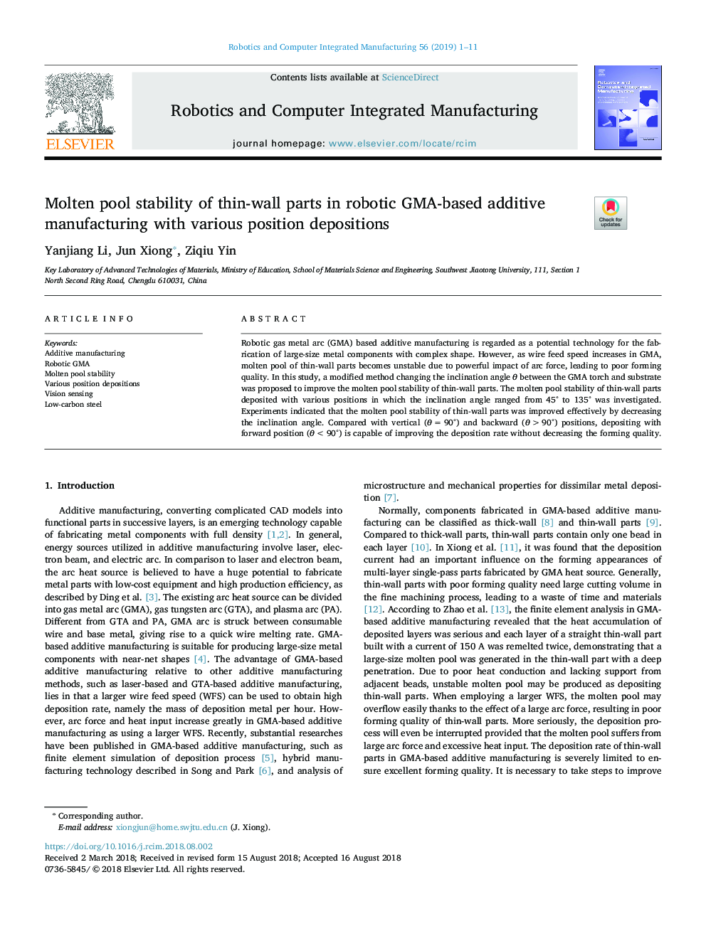 Molten pool stability of thin-wall parts in robotic GMA-based additive manufacturing with various position depositions