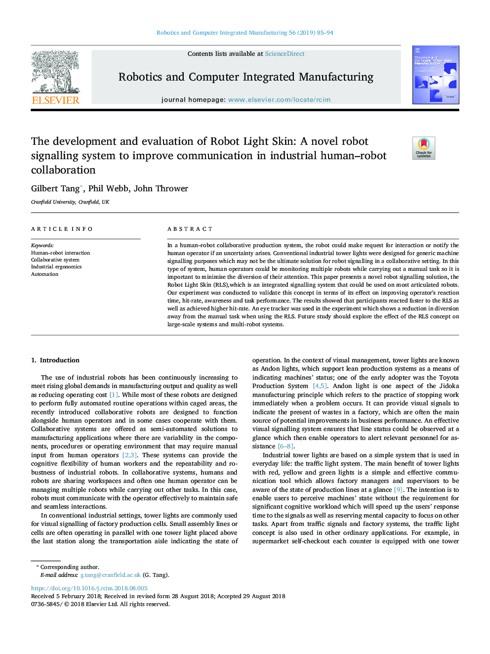 توسعه و ارزیابی پوست ربات نور: یک سیستم سیگنالینگ ربات جدید برای بهبود ارتباطات در همکاری صنعتی ربات انسان
