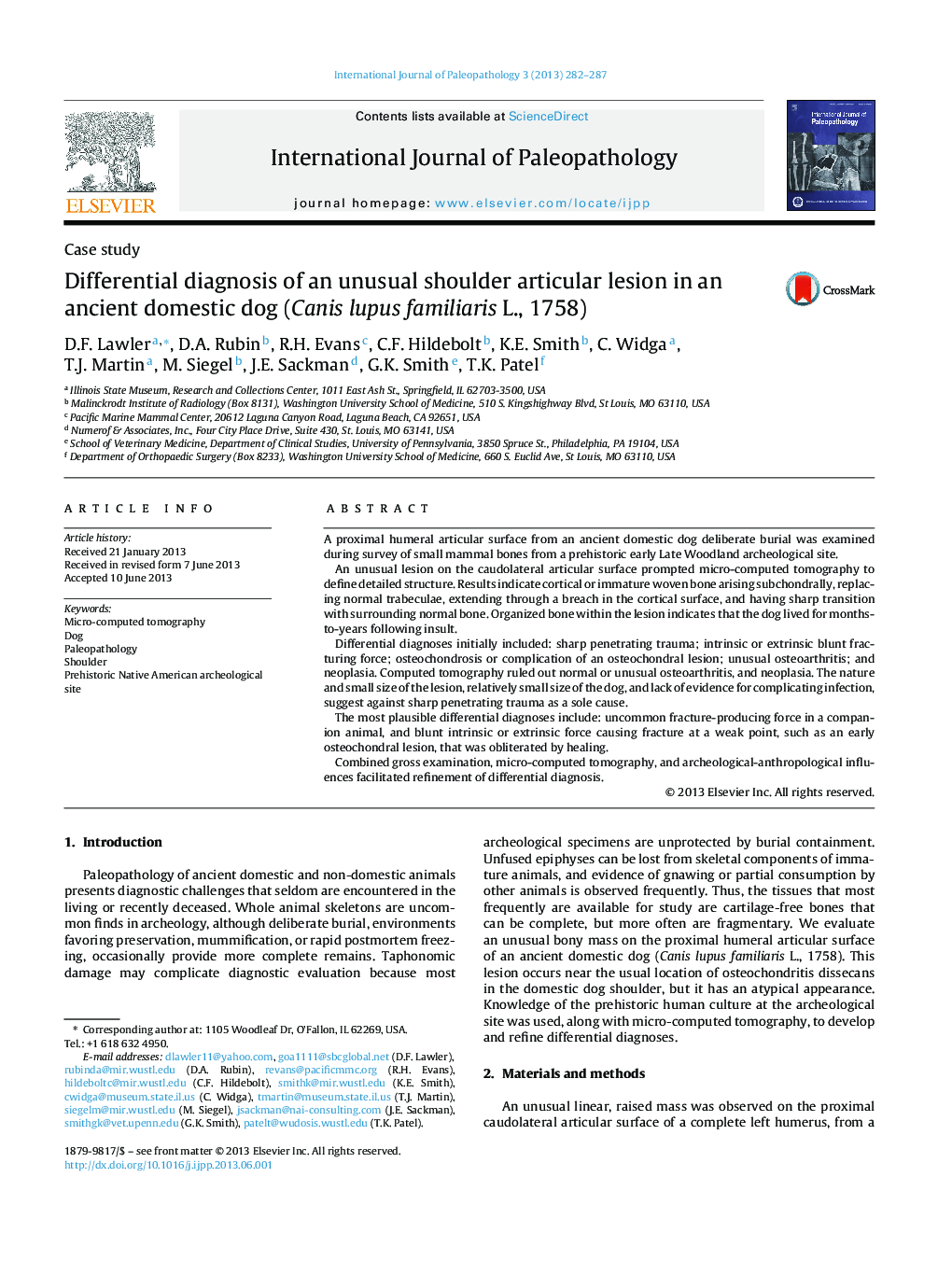 Differential diagnosis of an unusual shoulder articular lesion in an ancient domestic dog (Canis lupus familiaris L., 1758)