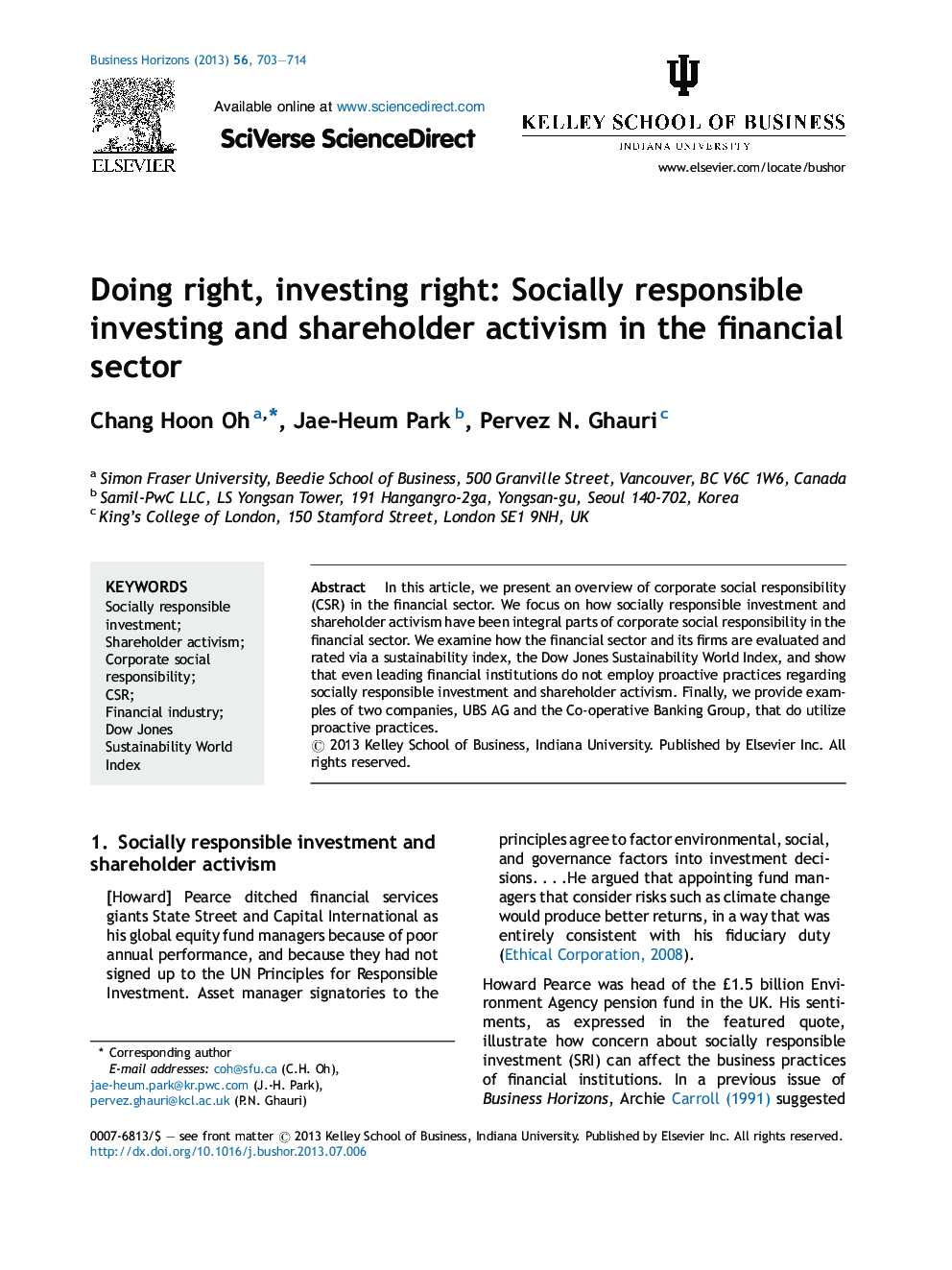 Doing right, investing right: Socially responsible investing and shareholder activism in the financial sector