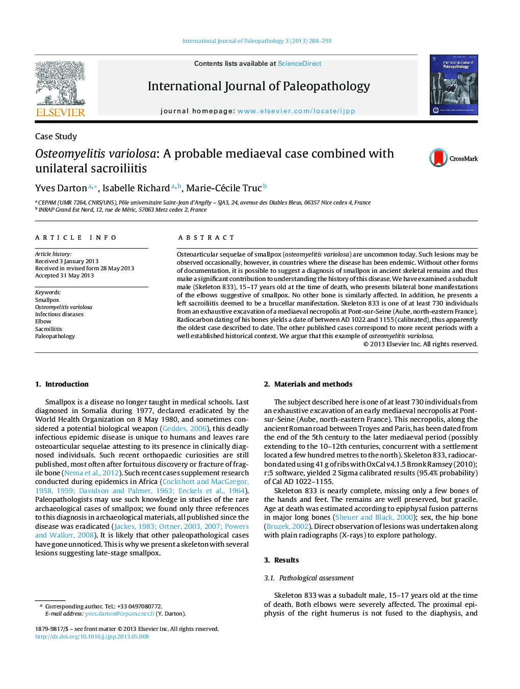 Osteomyelitis variolosa: A probable mediaeval case combined with unilateral sacroiliitis