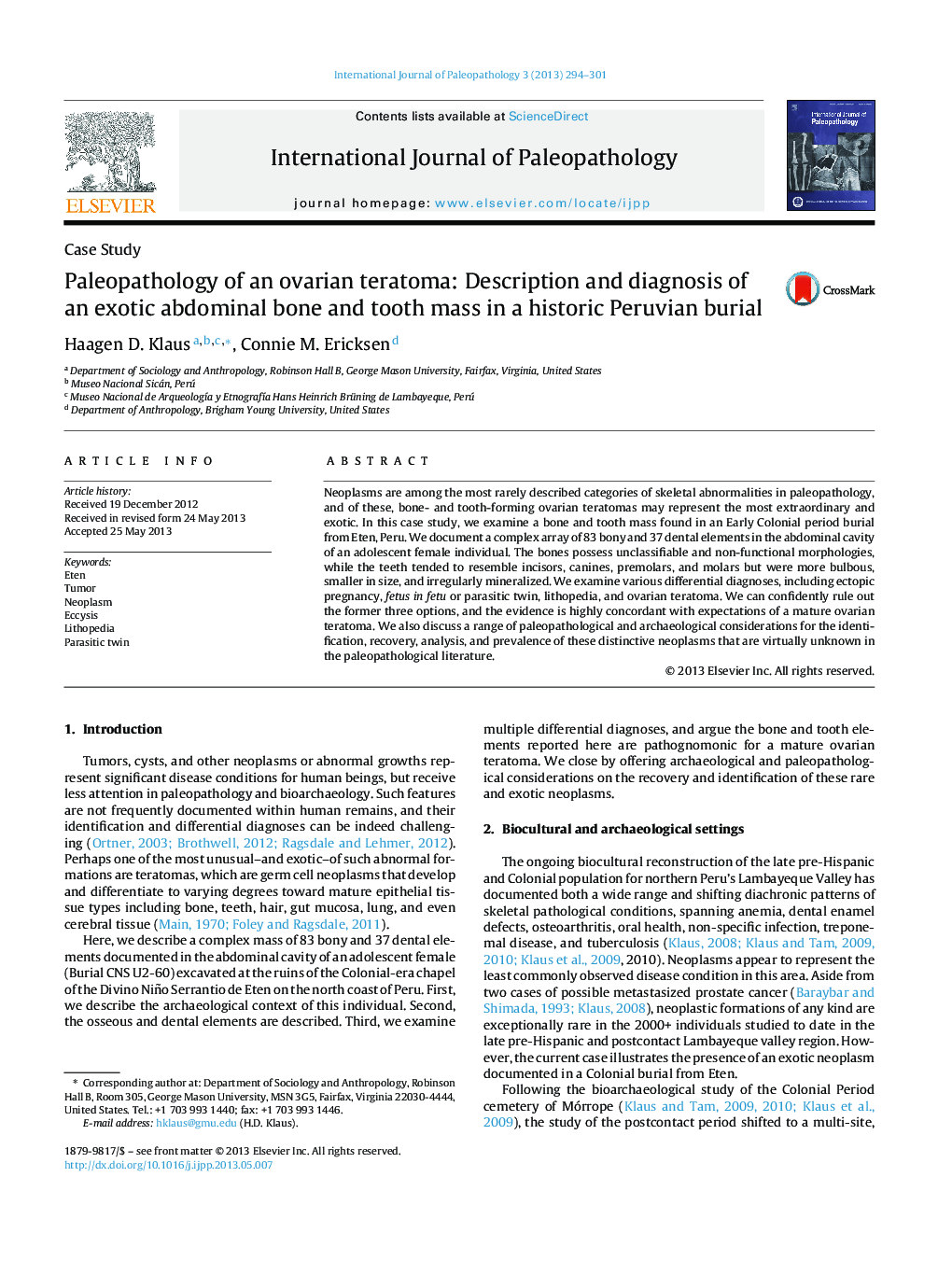 Paleopathology of an ovarian teratoma: Description and diagnosis of an exotic abdominal bone and tooth mass in a historic Peruvian burial