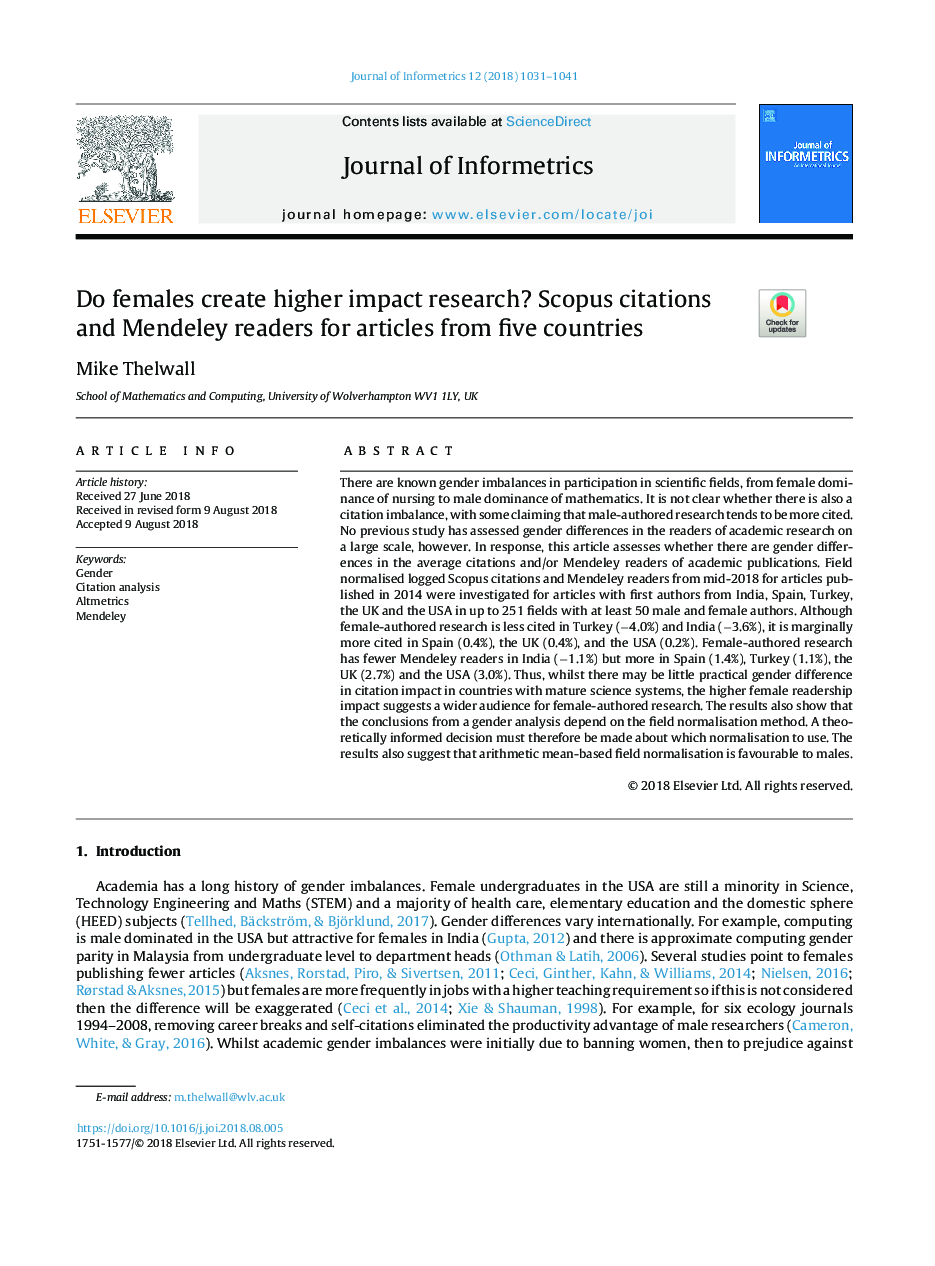 Do females create higher impact research? Scopus citations and Mendeley readers for articles from five countries
