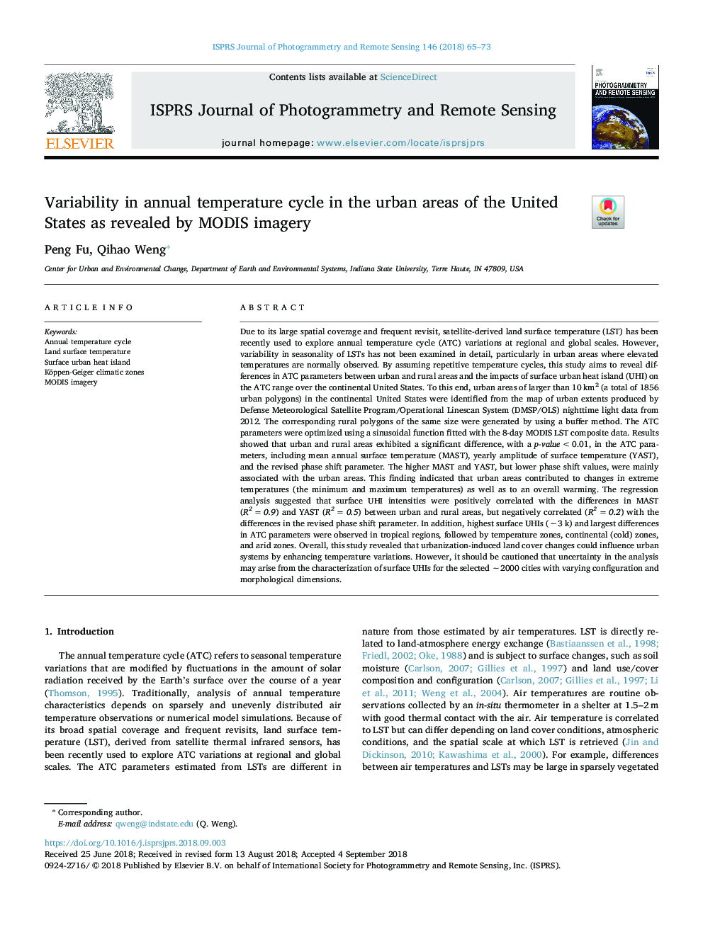 Variability in annual temperature cycle in the urban areas of the United States as revealed by MODIS imagery