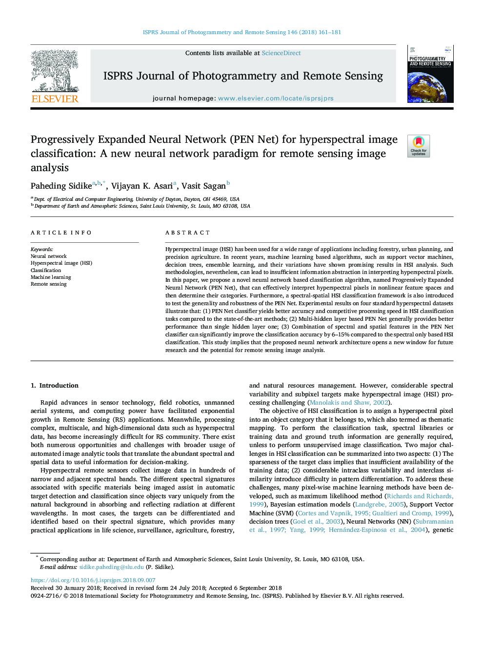 Progressively Expanded Neural Network (PEN Net) for hyperspectral image classification: A new neural network paradigm for remote sensing image analysis