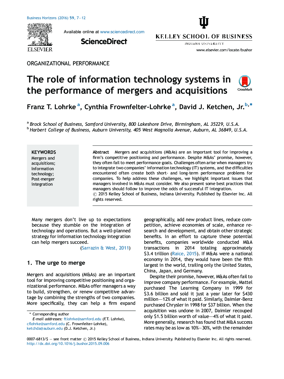 The role of information technology systems in the performance of mergers and acquisitions