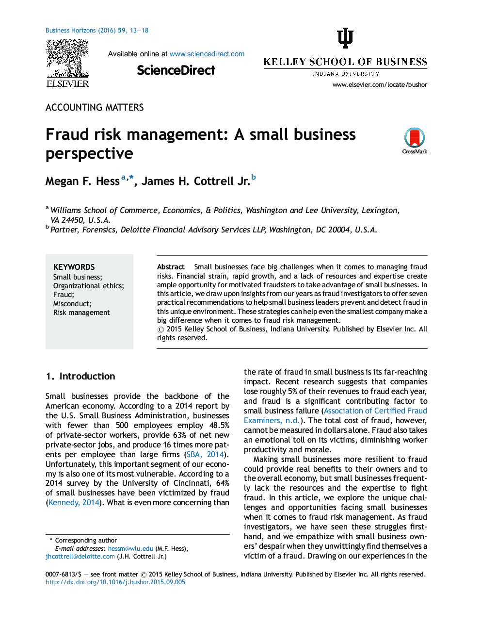 Fraud risk management: A small business perspective