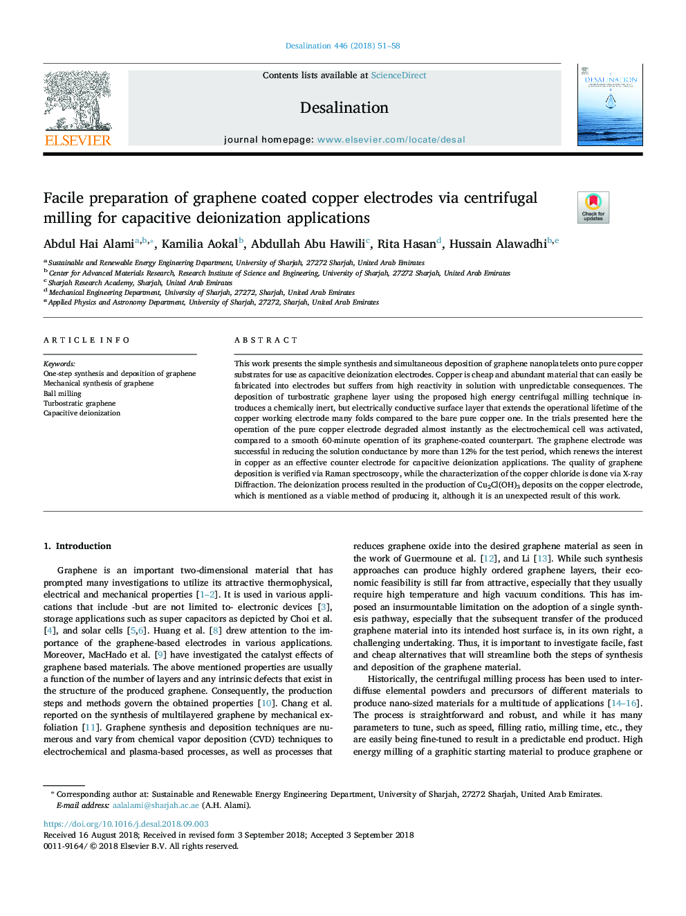 Facile preparation of graphene coated copper electrodes via centrifugal milling for capacitive deionization applications