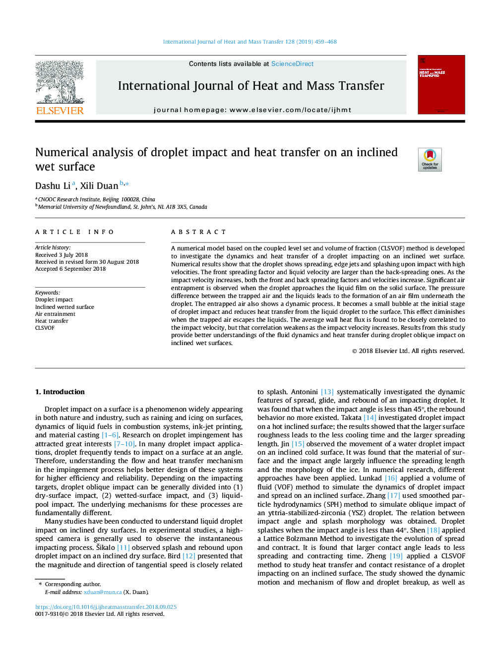 Numerical analysis of droplet impact and heat transfer on an inclined wet surface