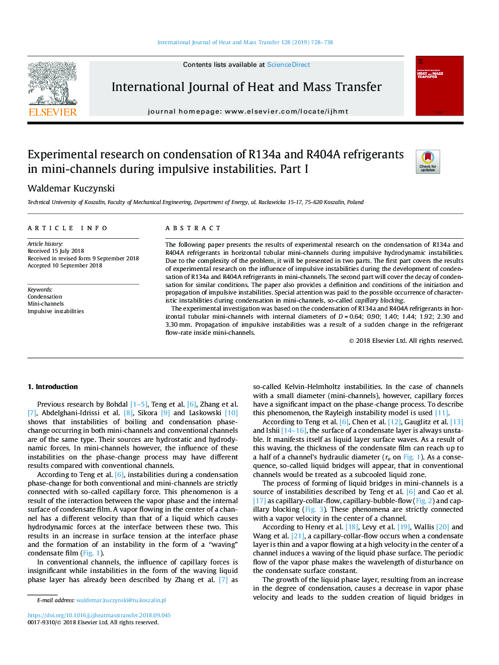 Experimental research on condensation of R134a and R404A refrigerants in mini-channels during impulsive instabilities. Part I