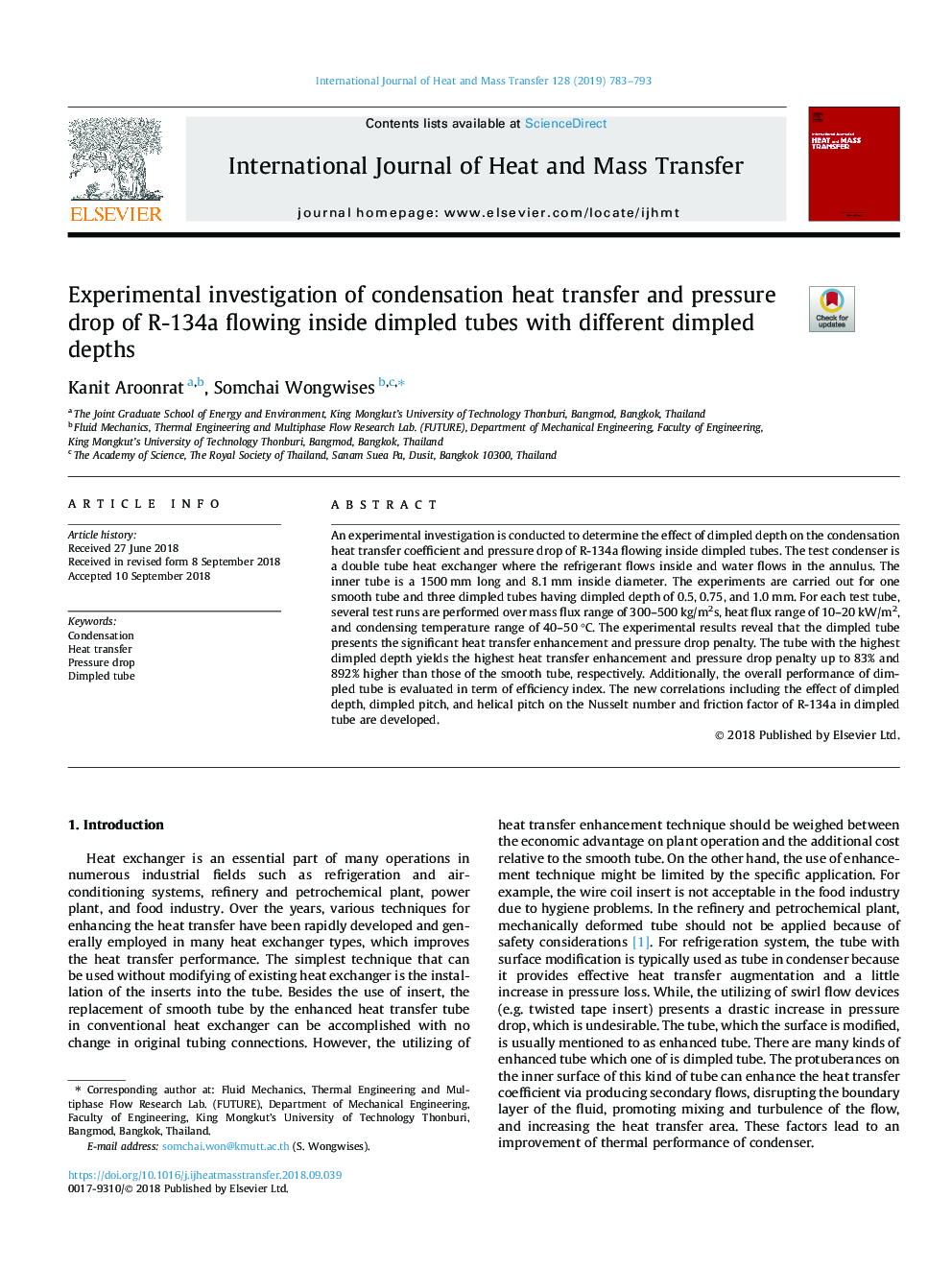 Experimental investigation of condensation heat transfer and pressure drop of R-134a flowing inside dimpled tubes with different dimpled depths