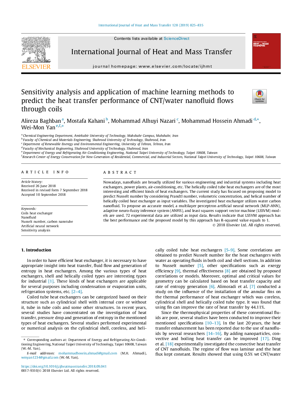 Sensitivity analysis and application of machine learning methods to predict the heat transfer performance of CNT/water nanofluid flows through coils