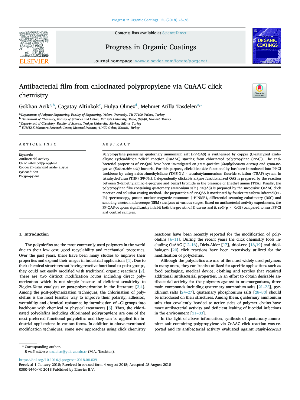 Antibacterial film from chlorinated polypropylene via CuAAC click chemistry