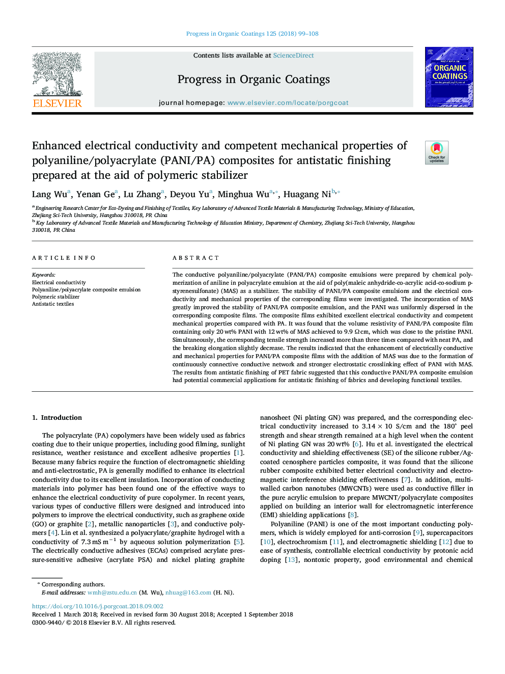 Enhanced electrical conductivity and competent mechanical properties of polyaniline/polyacrylate (PANI/PA) composites for antistatic finishing prepared at the aid of polymeric stabilizer