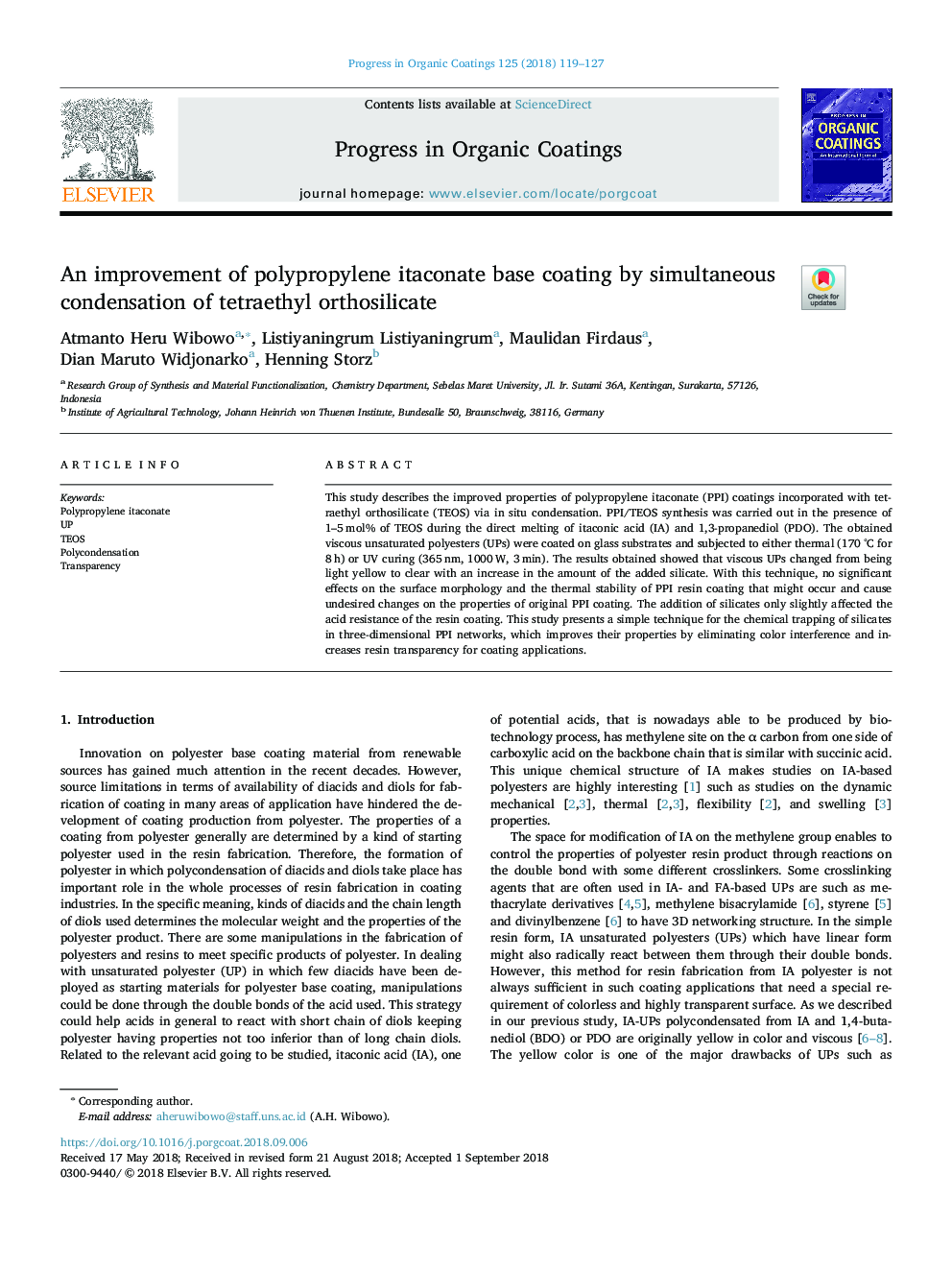 An improvement of polypropylene itaconate base coating by simultaneous condensation of tetraethyl orthosilicate