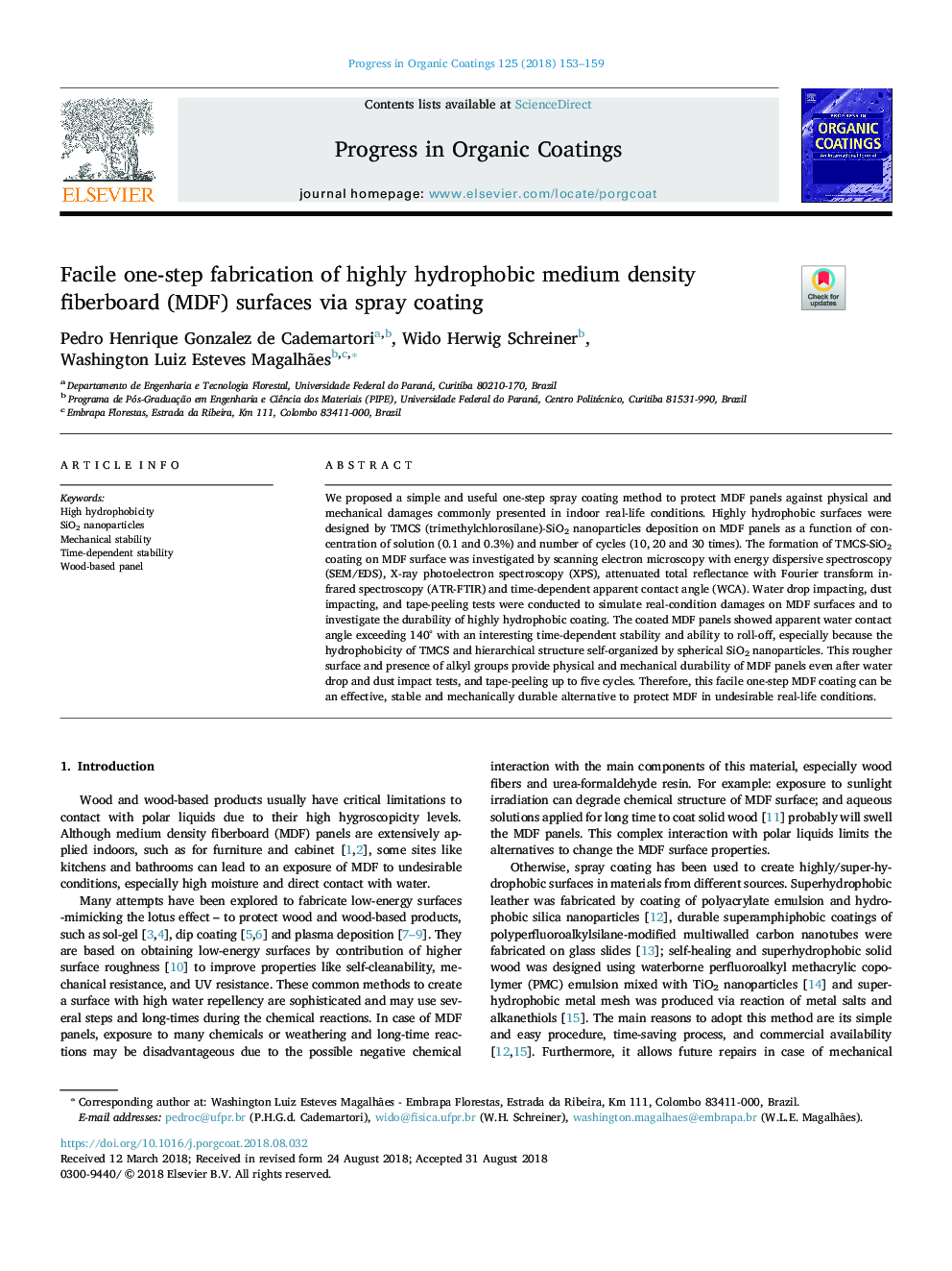 Facile one-step fabrication of highly hydrophobic medium density fiberboard (MDF) surfaces via spray coating