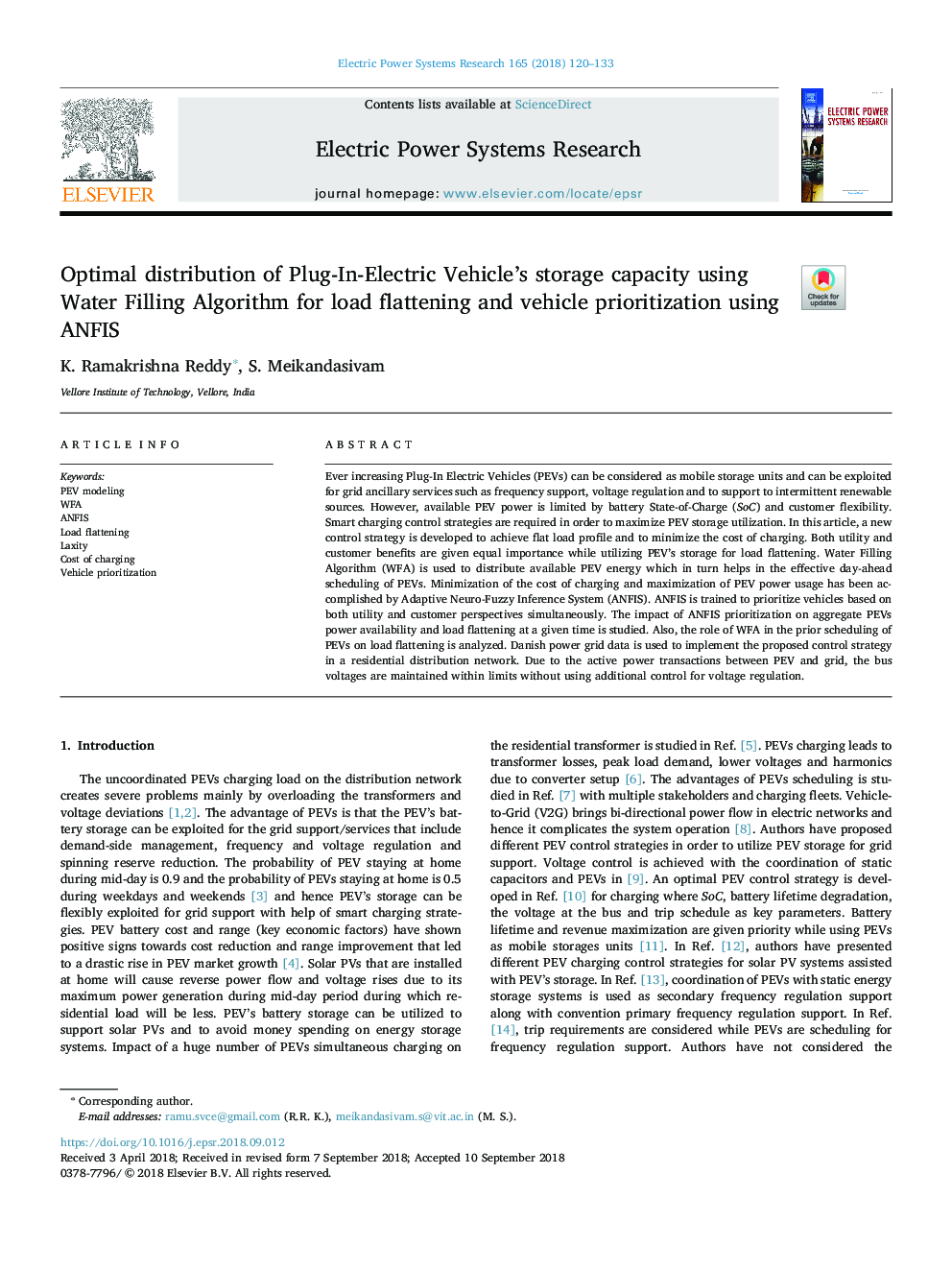 Optimal distribution of Plug-In-Electric Vehicle's storage capacity using Water Filling Algorithm for load flattening and vehicle prioritization using ANFIS