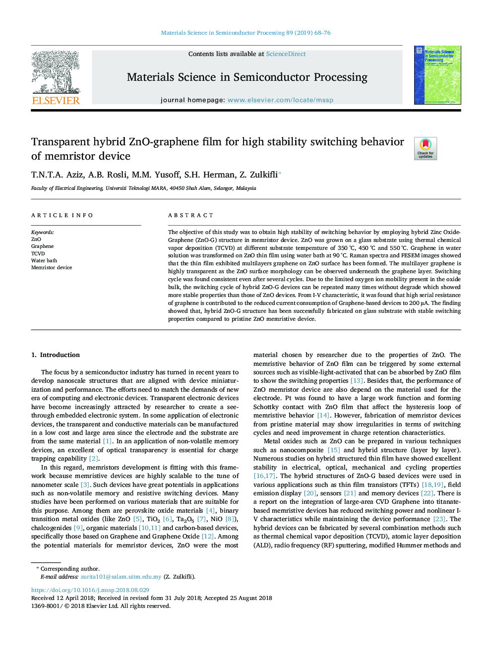 Transparent hybrid ZnO-graphene film for high stability switching behavior of memristor device