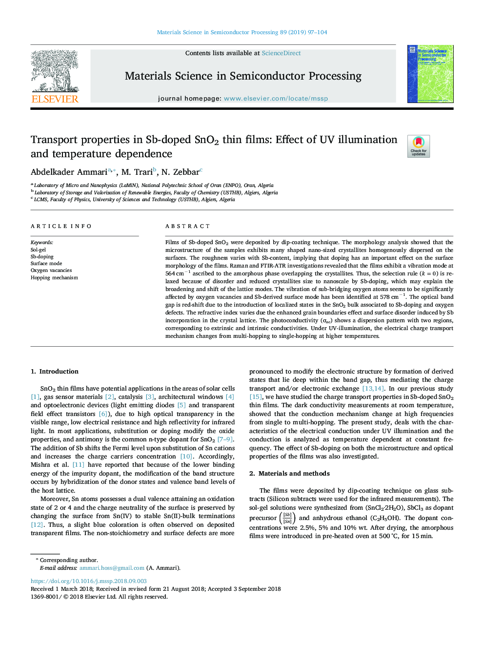 Transport properties in Sb-doped SnO2 thin films: Effect of UV illumination and temperature dependence