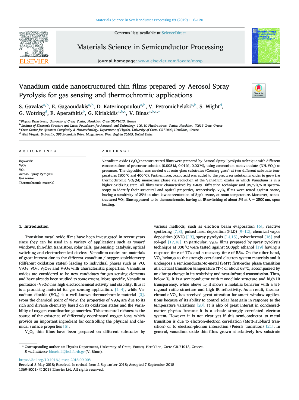 Vanadium oxide nanostructured thin films prepared by Aerosol Spray Pyrolysis for gas sensing and thermochromic applications