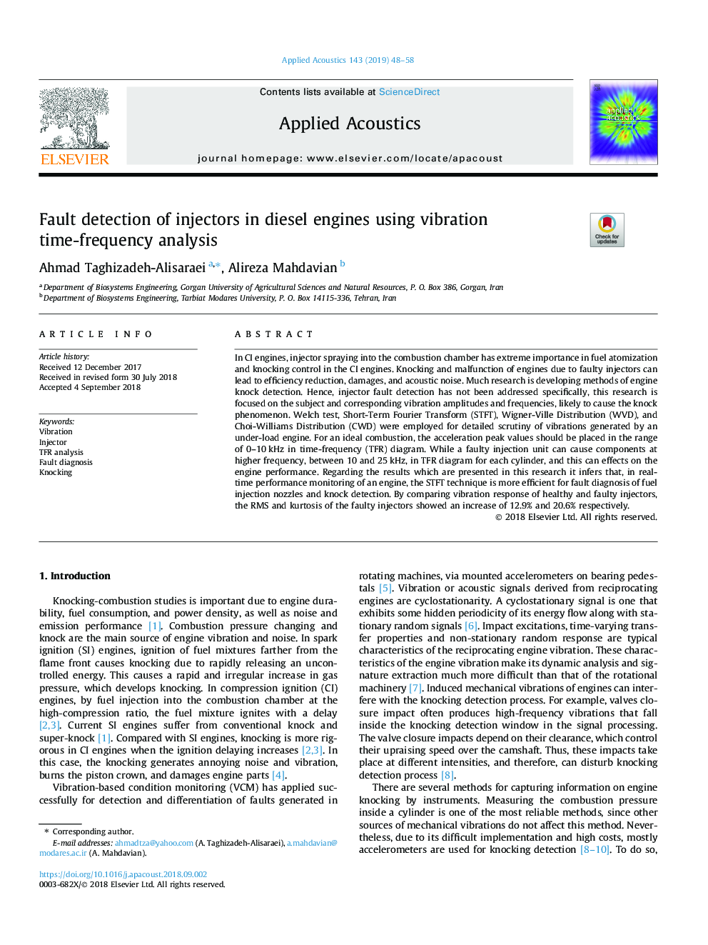 Fault detection of injectors in diesel engines using vibration time-frequency analysis