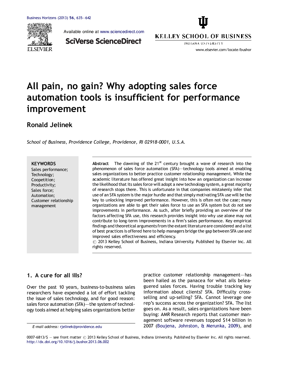 All pain, no gain? Why adopting sales force automation tools is insufficient for performance improvement