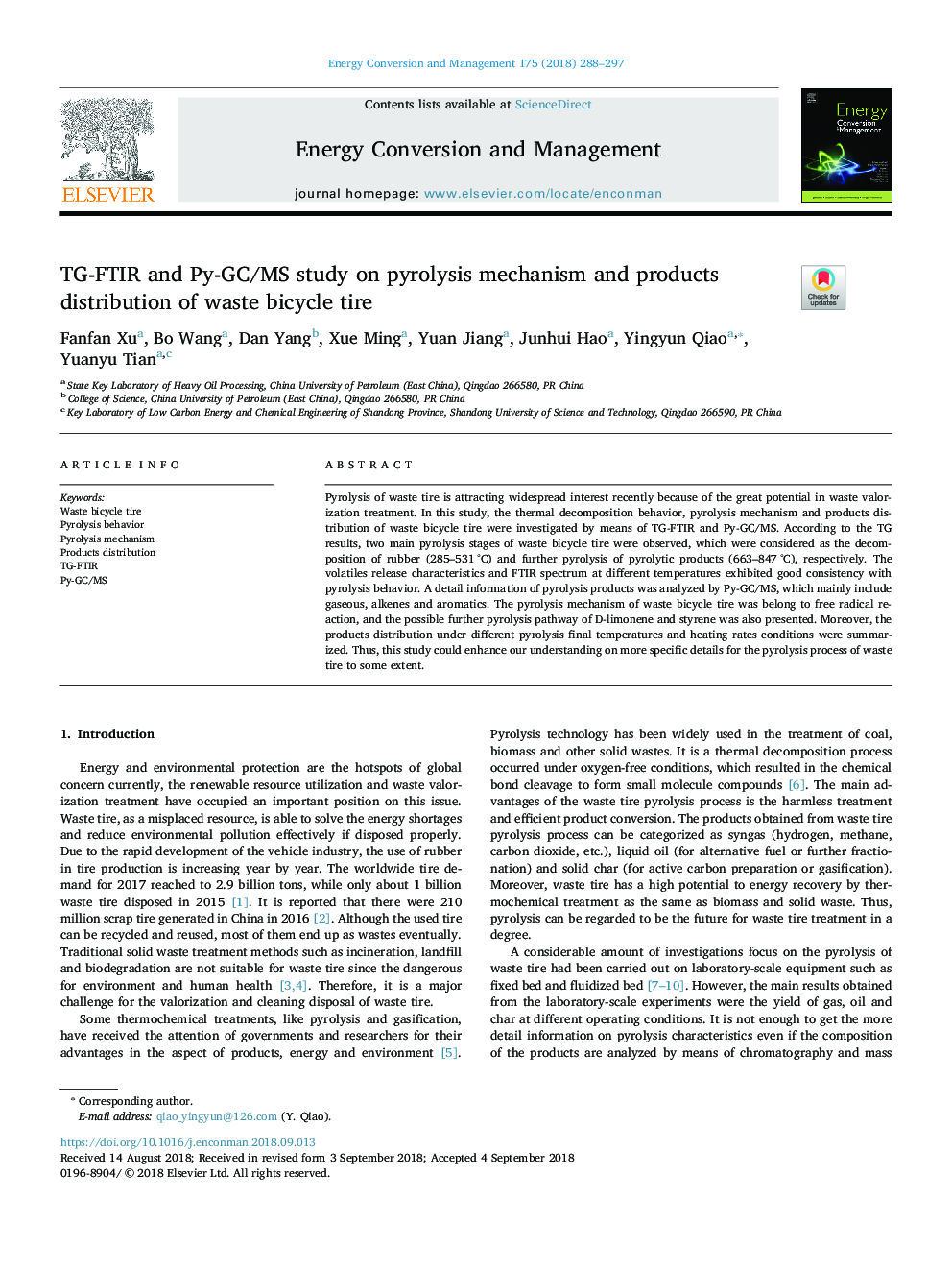 TG-FTIR and Py-GC/MS study on pyrolysis mechanism and products distribution of waste bicycle tire