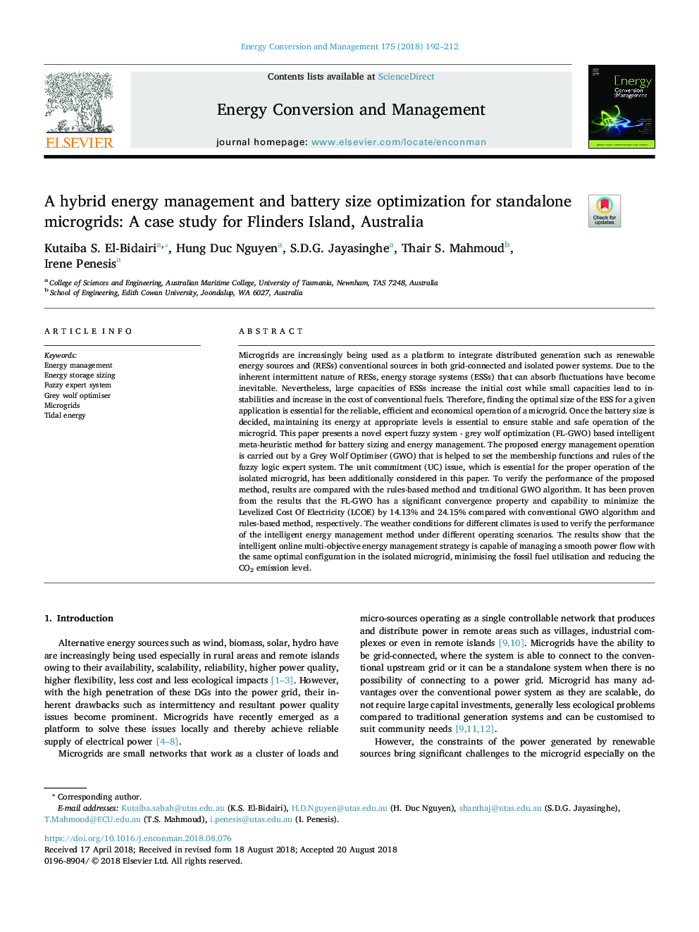 مدیریت انرژی ترکیبی و بهینه سازی باتری برای میکروجیج های مستقل: یک مطالعه مورد برای جزیره فلیندرز، استرالیا