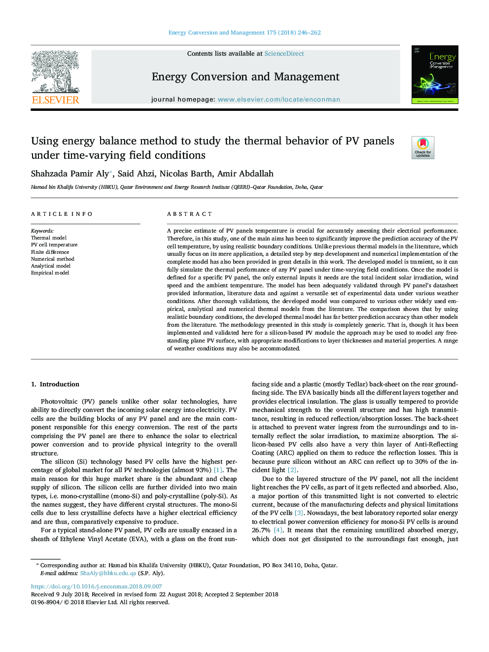 Using energy balance method to study the thermal behavior of PV panels under time-varying field conditions