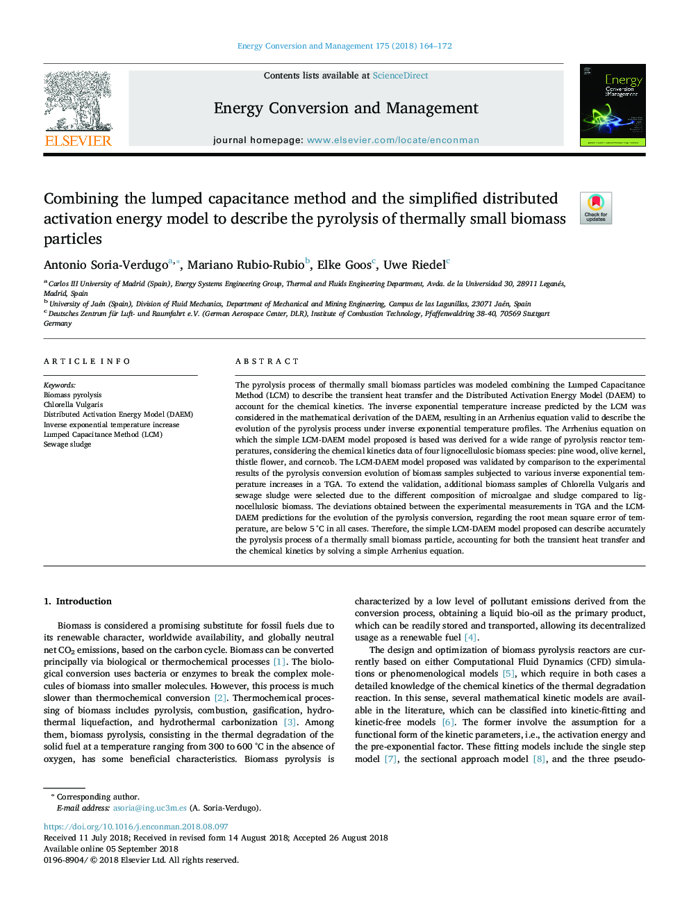 Combining the lumped capacitance method and the simplified distributed activation energy model to describe the pyrolysis of thermally small biomass particles