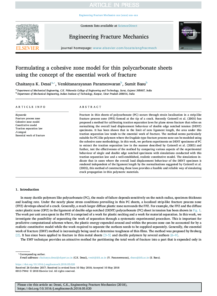 Formulating a cohesive zone model for thin polycarbonate sheets using the concept of the essential work of fracture