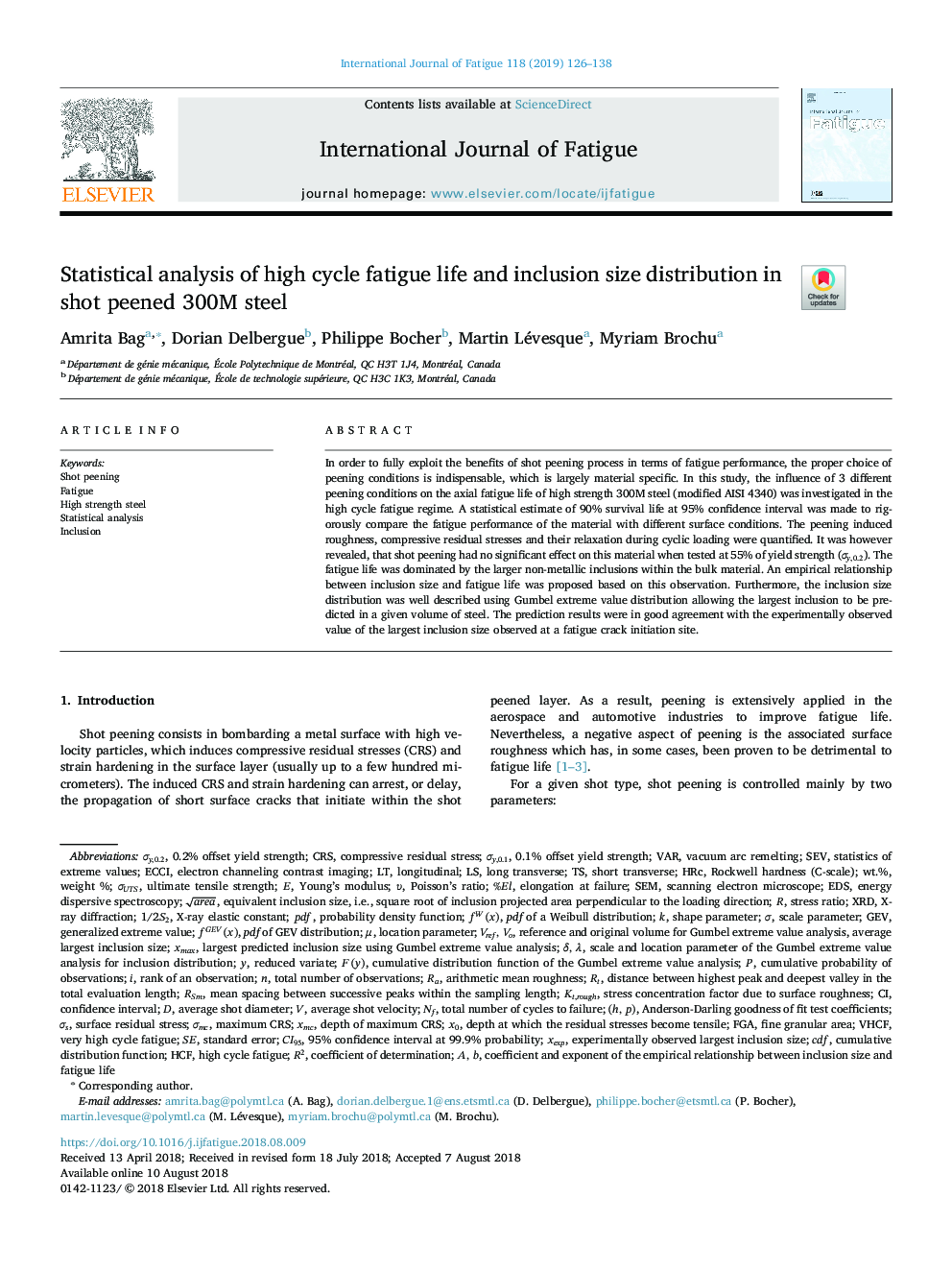 Statistical analysis of high cycle fatigue life and inclusion size distribution in shot peened 300M steel