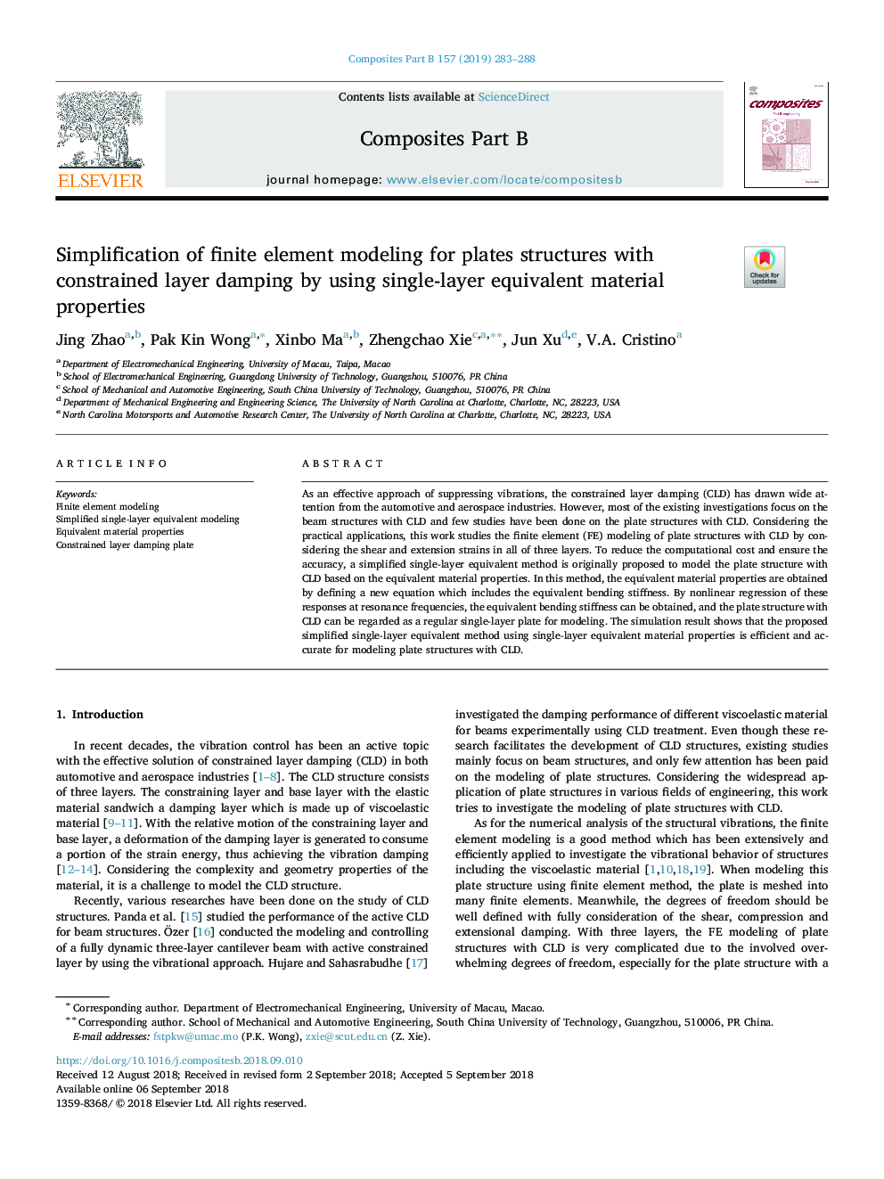 Simplification of finite element modeling for plates structures with constrained layer damping by using single-layer equivalent material properties