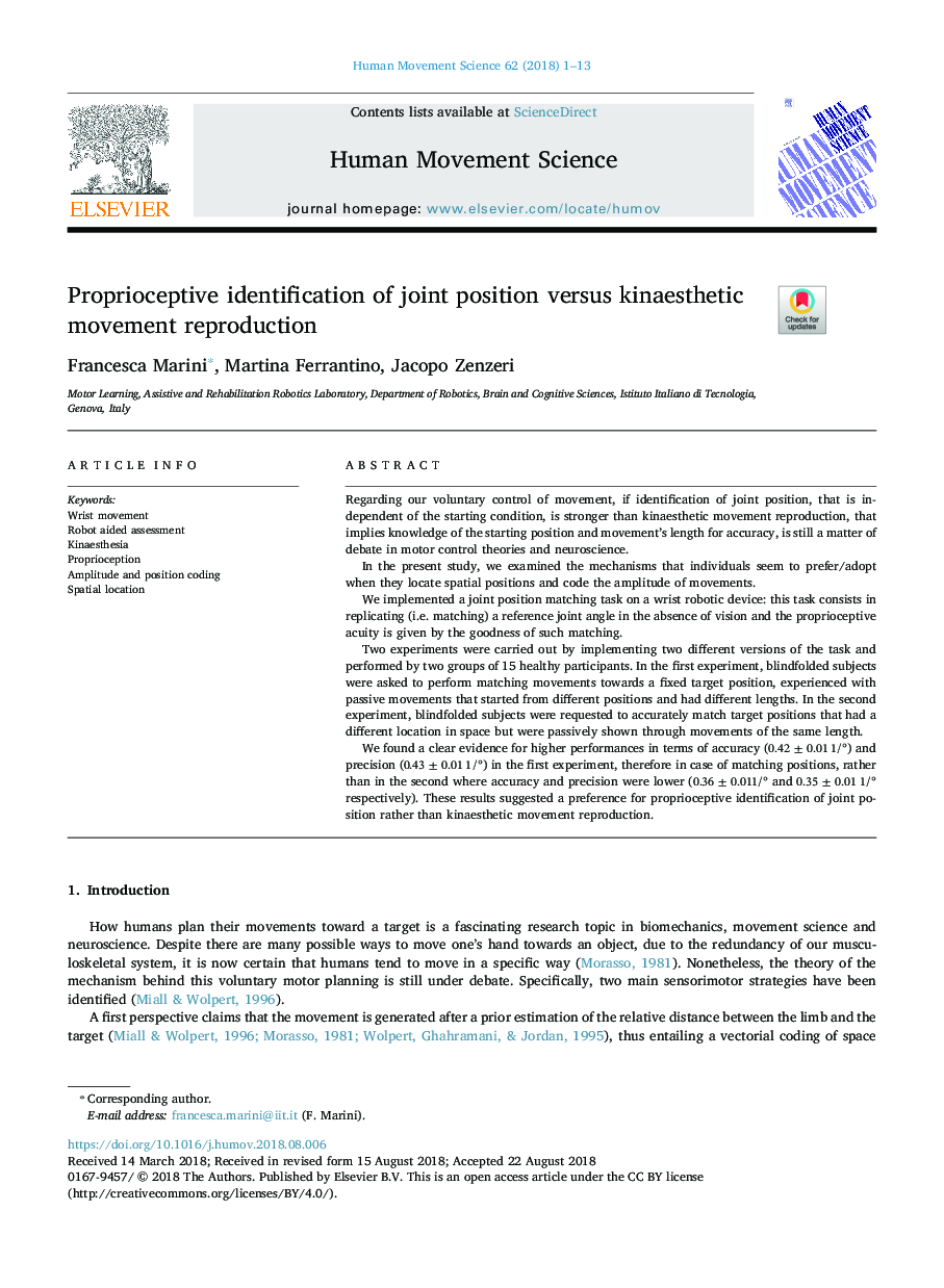 Proprioceptive identification of joint position versus kinaesthetic movement reproduction