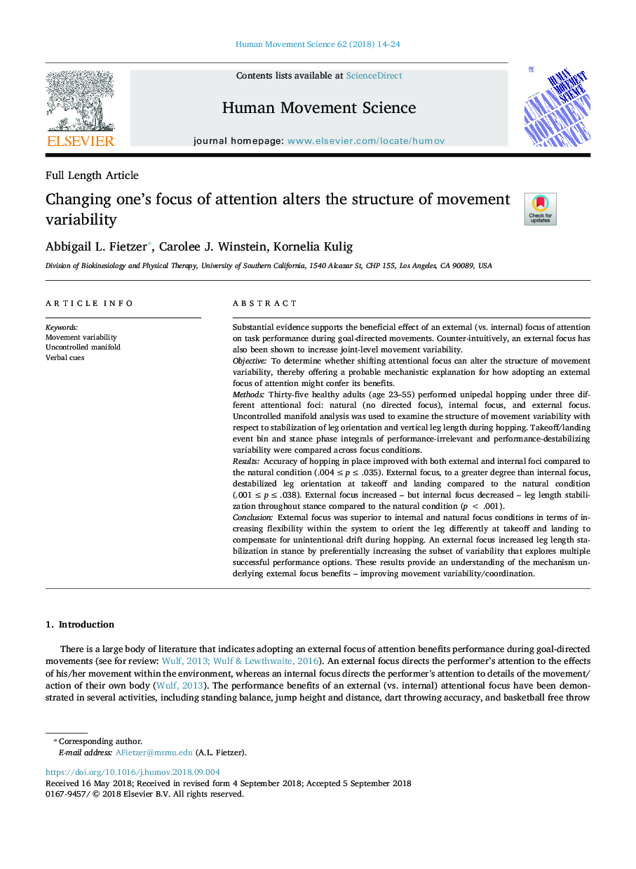 Changing one's focus of attention alters the structure of movement variability