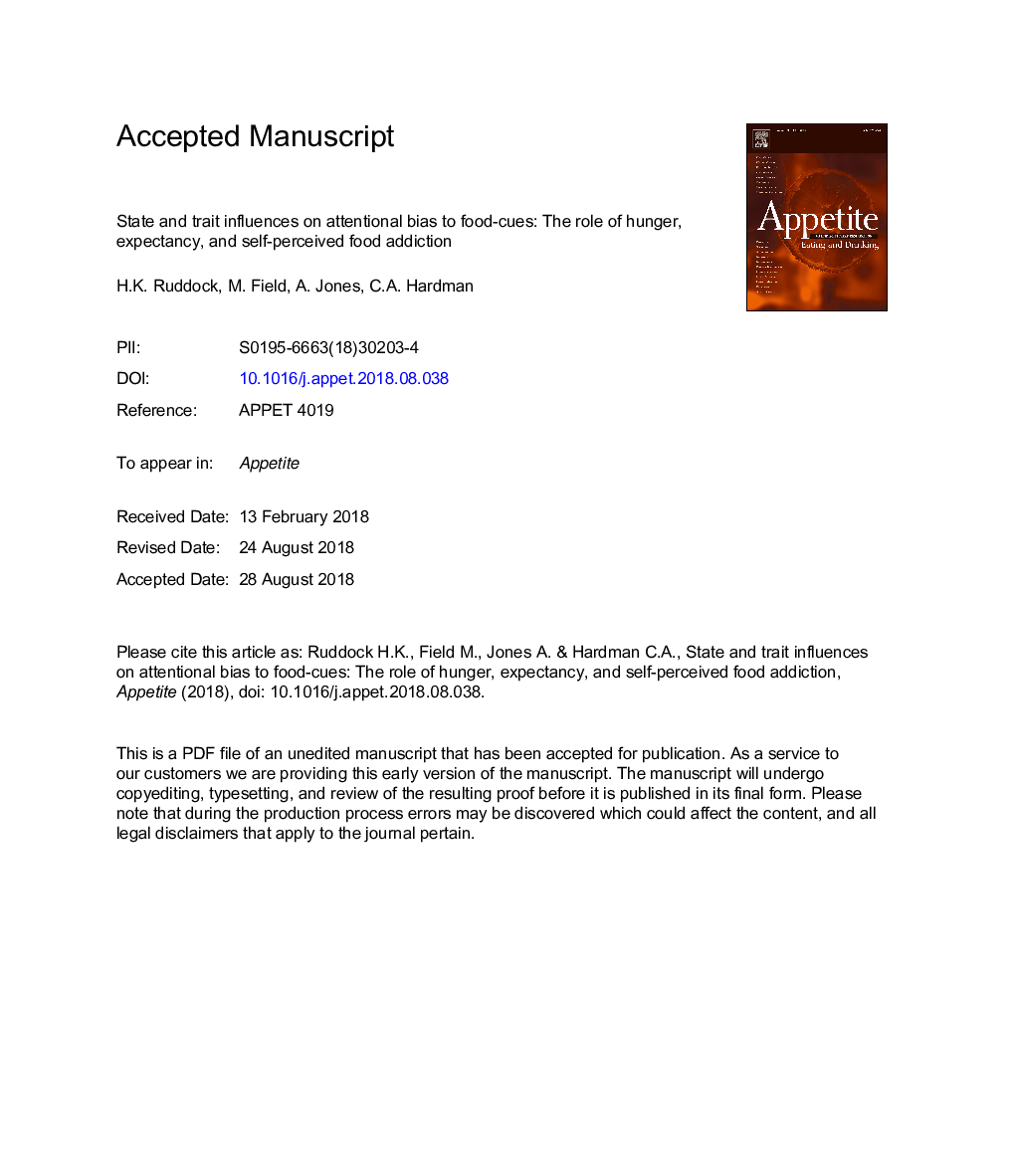 State and trait influences on attentional bias to food-cues: The role of hunger, expectancy, and self-perceived food addiction