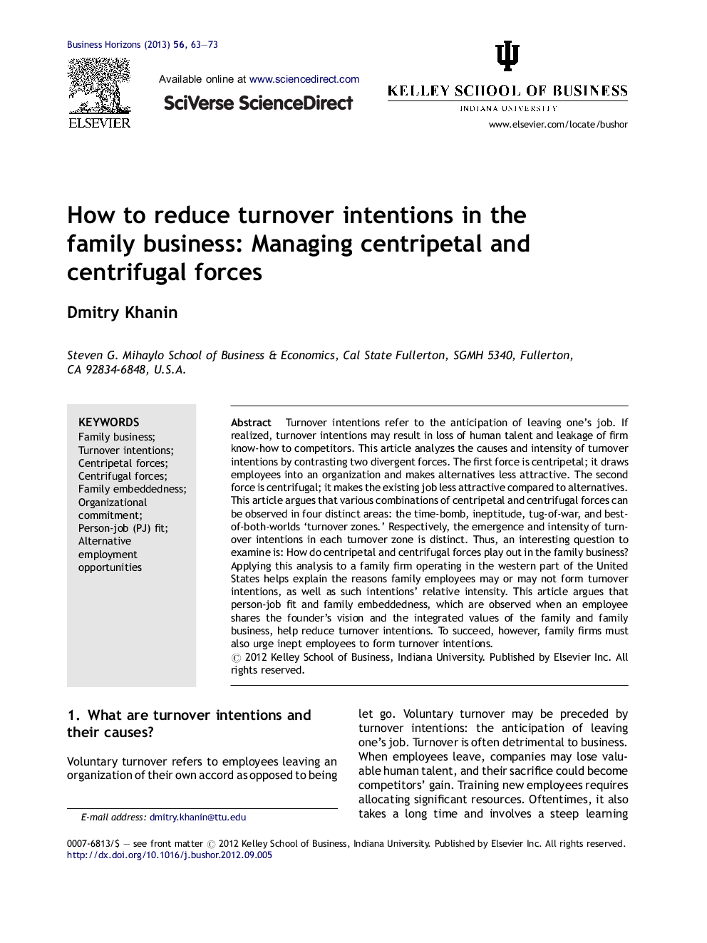 How to reduce turnover intentions in the family business: Managing centripetal and centrifugal forces