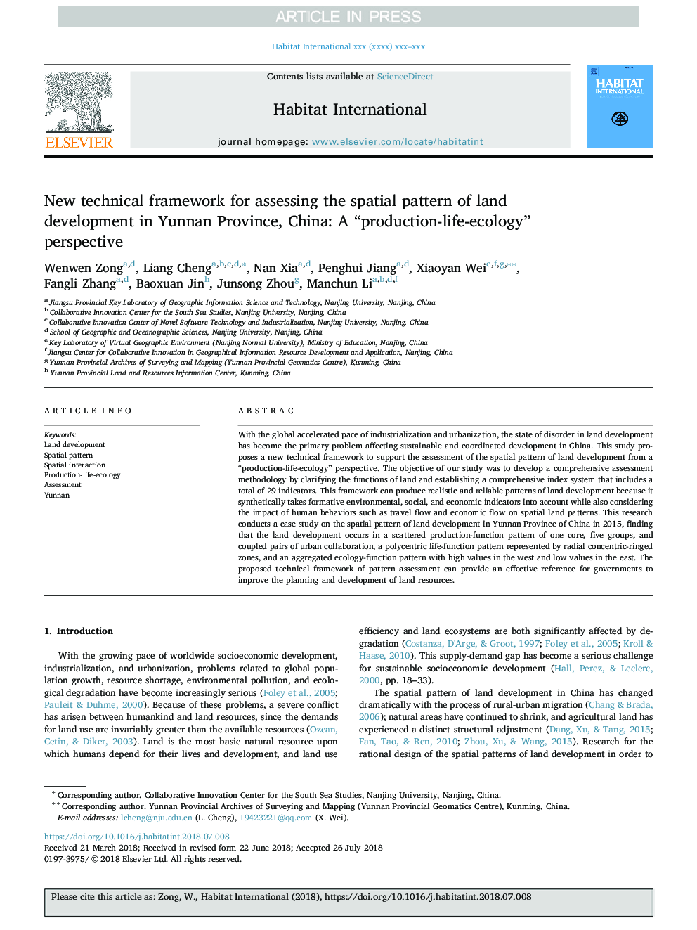 New technical framework for assessing the spatial pattern of land development in Yunnan Province, China: A “production-life-ecology” perspective