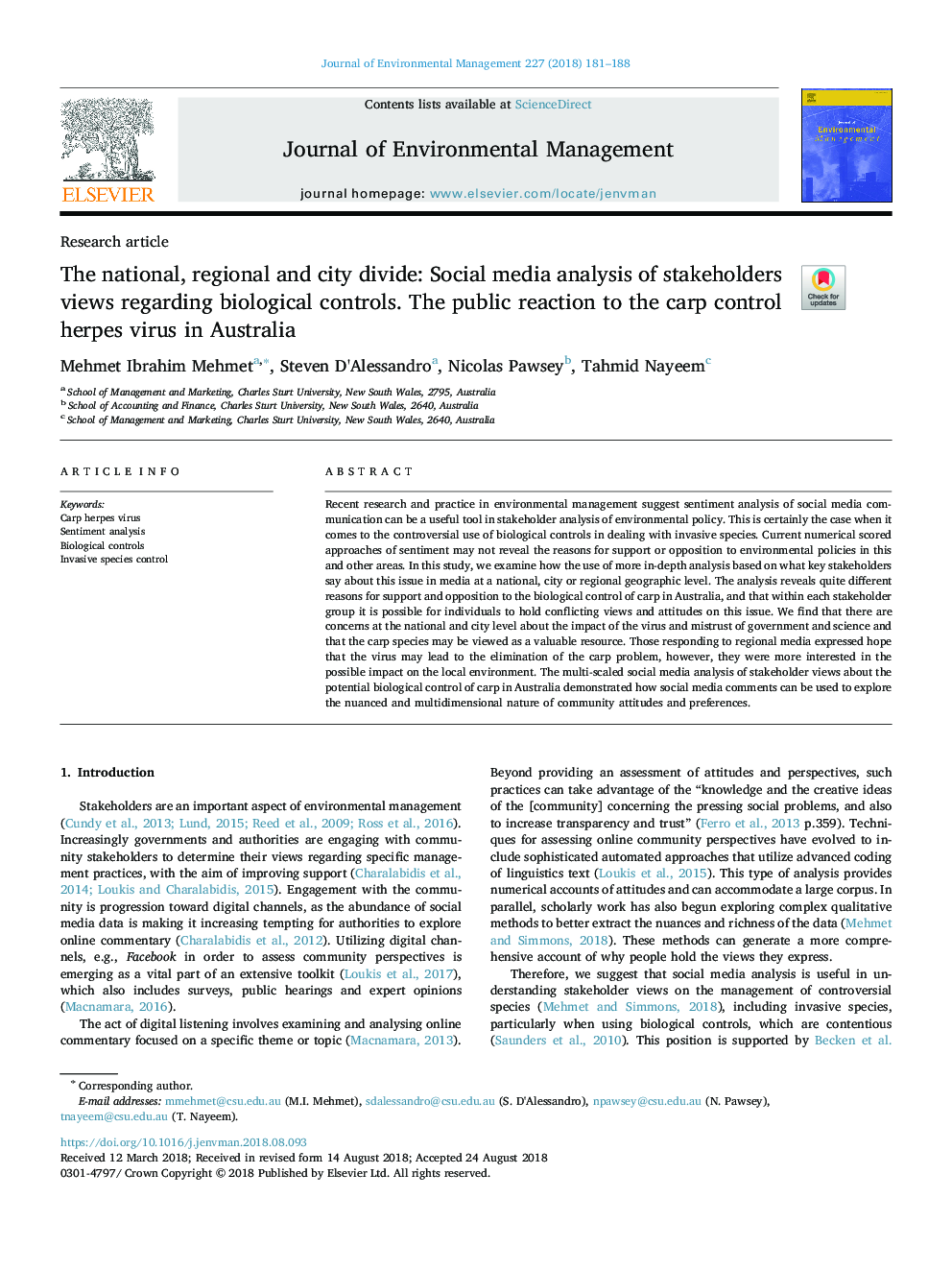 The national, regional and city divide: Social media analysis of stakeholders views regarding biological controls. The public reaction to the carp control herpes virus in Australia