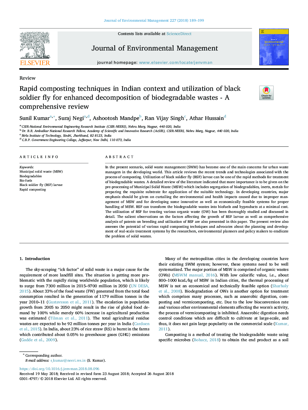 Rapid composting techniques in Indian context and utilization of black soldier fly for enhanced decomposition of biodegradable wastes - A comprehensive review