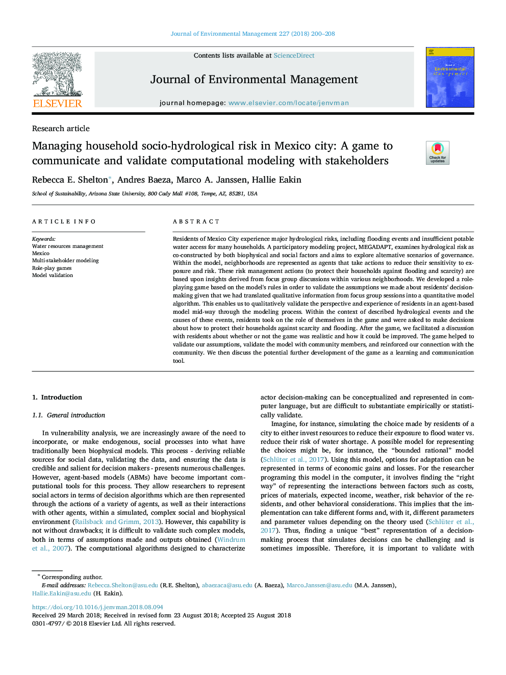 Managing household socio-hydrological risk in Mexico city: A game to communicate and validate computational modeling with stakeholders