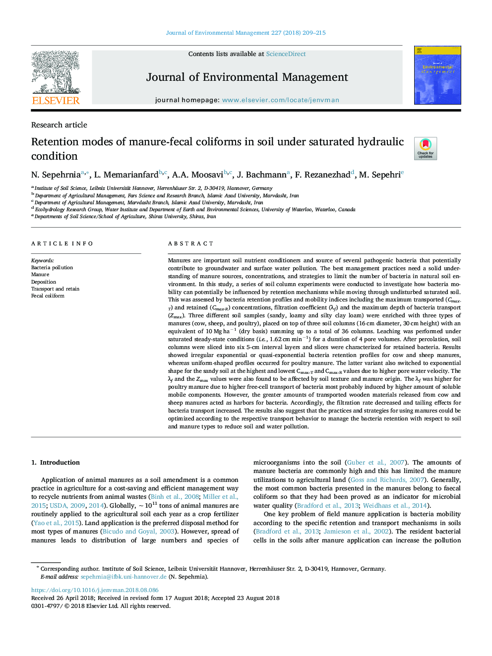 Retention modes of manure-fecal coliforms in soil under saturated hydraulic condition