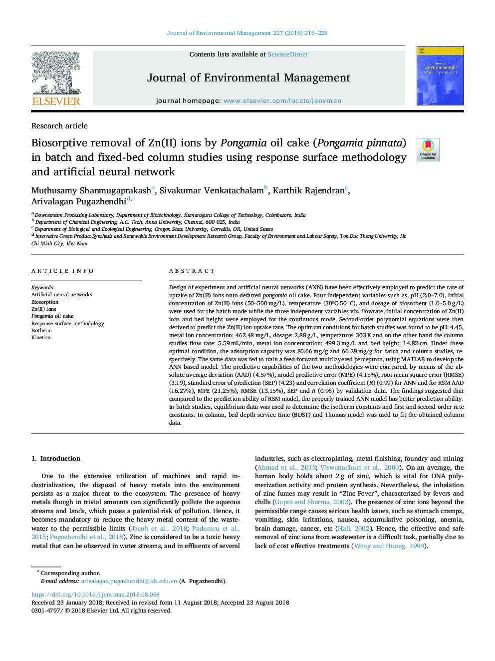 Biosorptive removal of Zn(II) ions by Pongamia oil cake (Pongamia pinnata) in batch and fixed-bed column studies using response surface methodology and artificial neural network